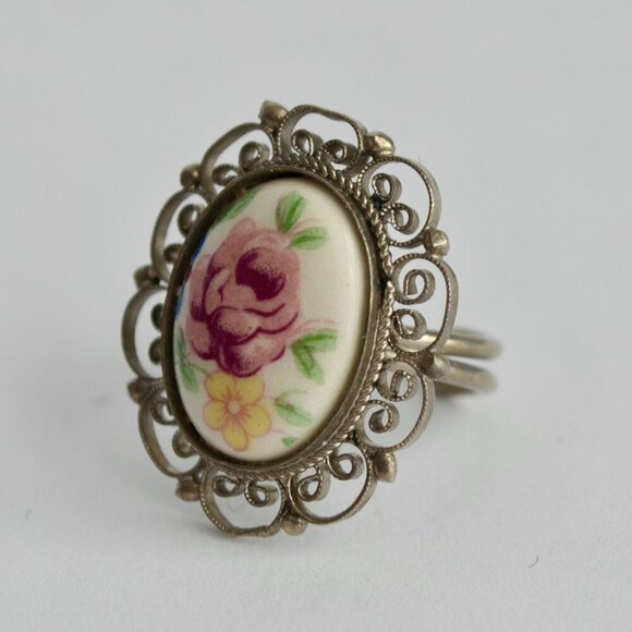 Vintage Italy Marked Floral Ceramic Ring Adjustable - Picture 2 of 5